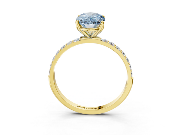 Yellow gold Fancy Blue Oval Cut Diamond Solitaire Engagement Ring with Round  Pavé Band and Prong Setting
