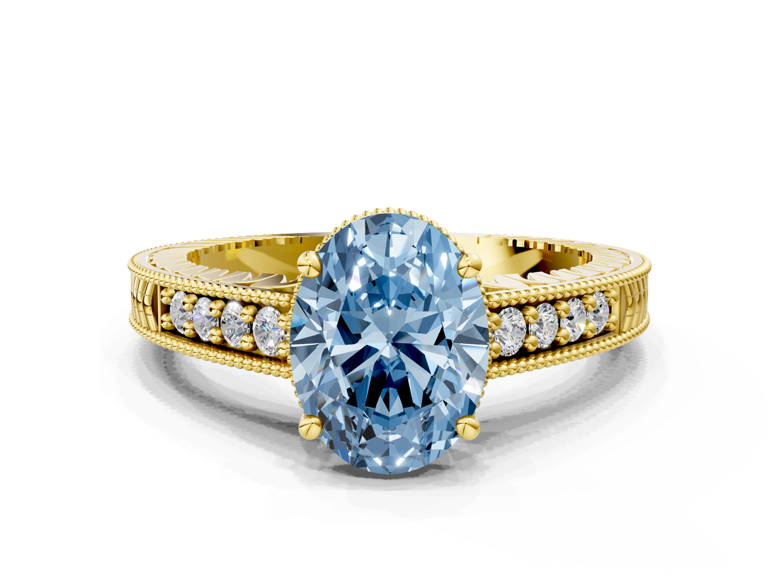 Yellow gold Fancy Blue Oval  Solitaire Pavé Diamond Milgrain Engagement Ring with Four-Prong Setting_3