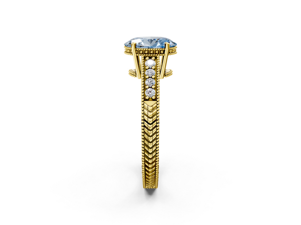Yellow gold Fancy Blue Oval  Solitaire Pavé Diamond Milgrain Engagement Ring with Four-Prong Setting