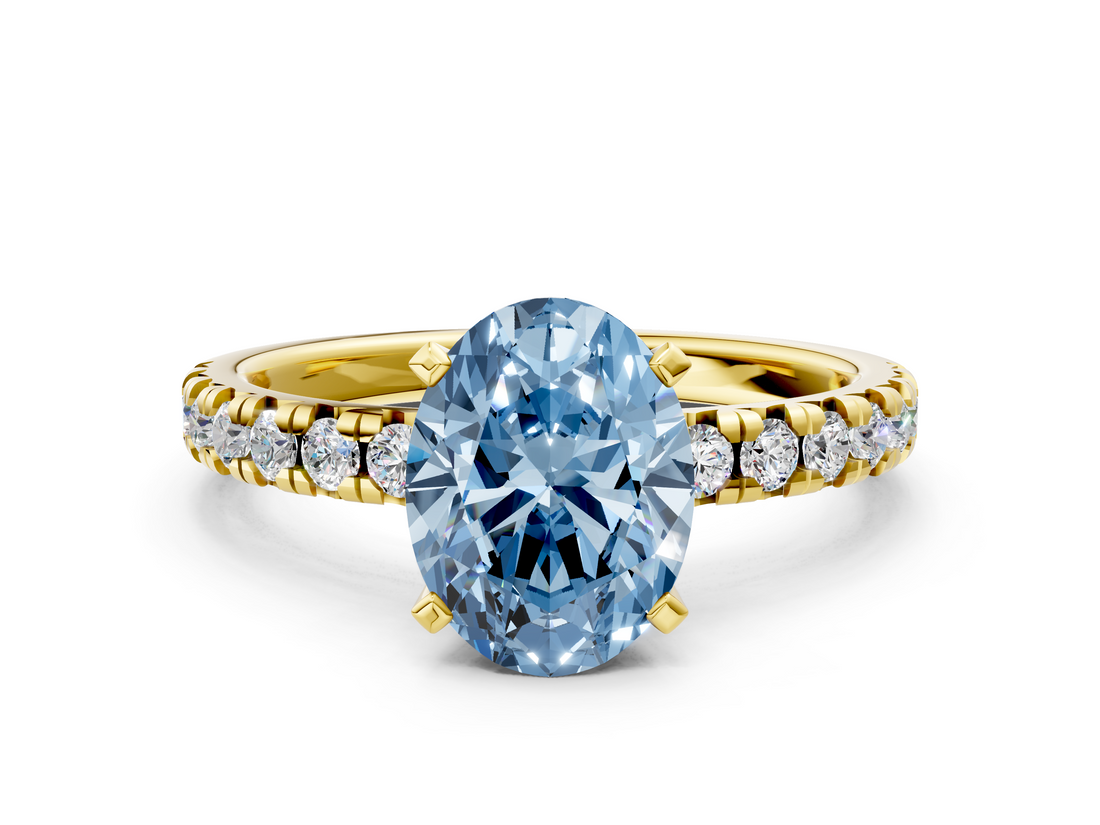 Yellow gold Fancy Blue Oval  Solitaire Pave Diamond Engagement Ring with Four-Prong Setting_347