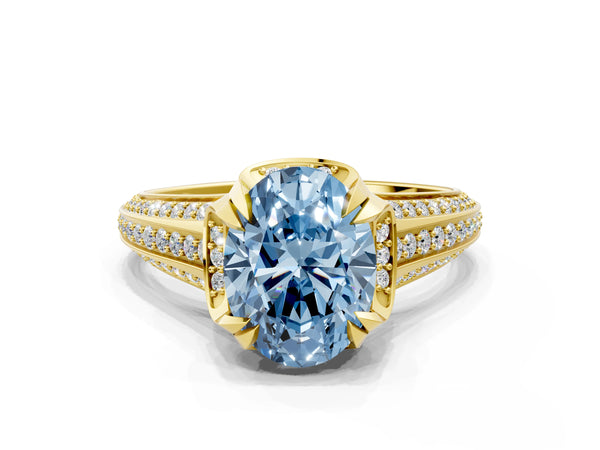 Yellow gold Fancy Blue Oval  Solitaire Pave Split Shank Ring with Four-Prong Setting