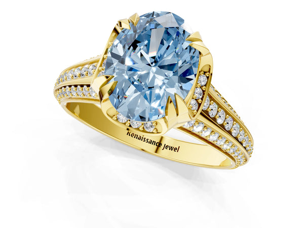 Yellow gold Fancy Blue Oval  Solitaire Pave Split Shank Ring with Four-Prong Setting