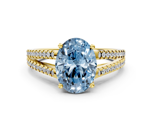 Yellow gold Fancy Blue Oval Cut Diamond Solitaire Engagement Ring with Split Shank Pavé Band