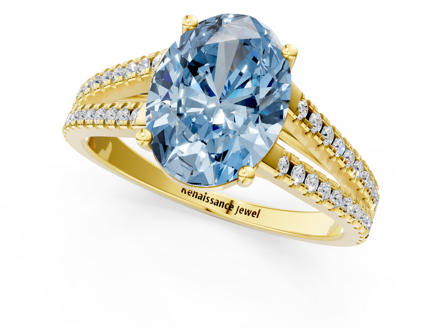 Yellow gold Fancy Blue Oval Cut Diamond Solitaire Engagement Ring with Split Shank Pavé Band