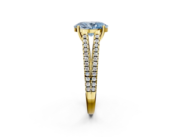 Yellow gold Fancy Blue Oval Cut Diamond Solitaire Engagement Ring with Split Shank Pavé Band
