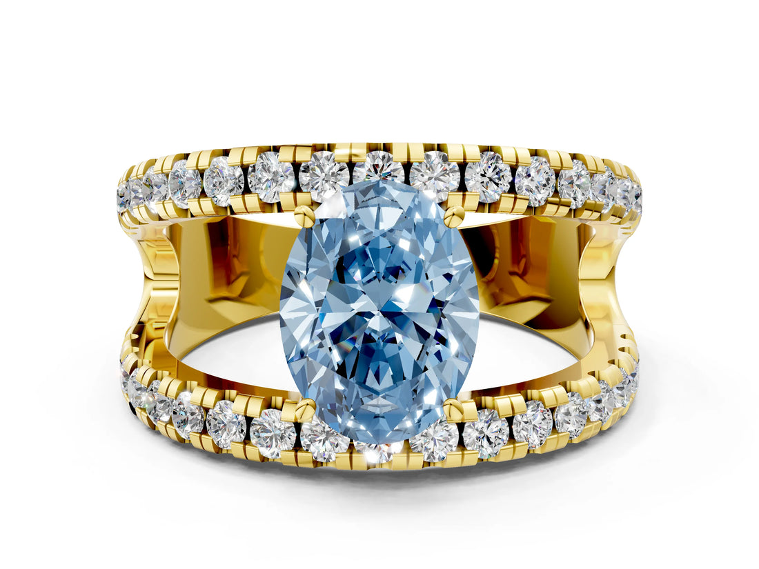 Yellow gold Fancy Blue Oval  Solitaire Split Shank Pave Diamond Ring_49
