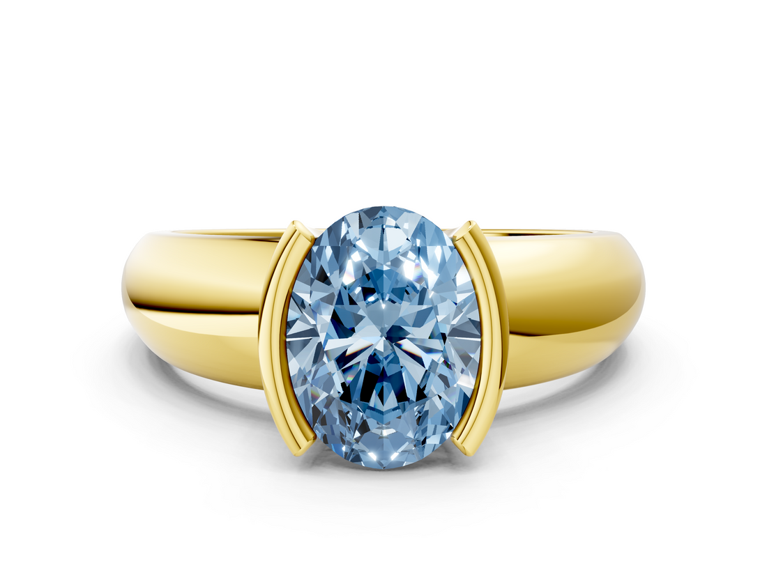 Yellow gold Fancy Blue Oval  Solitaire Tension Set Diamond Ring with Wide Band_20