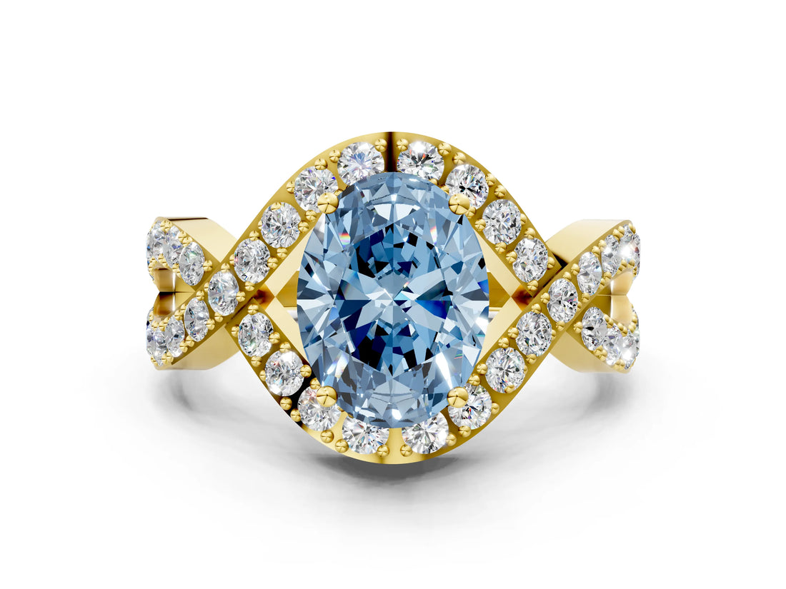 Yellow gold Fancy Blue Oval  Solitaire Twist Band Pavé Diamond Engagement Ring_32