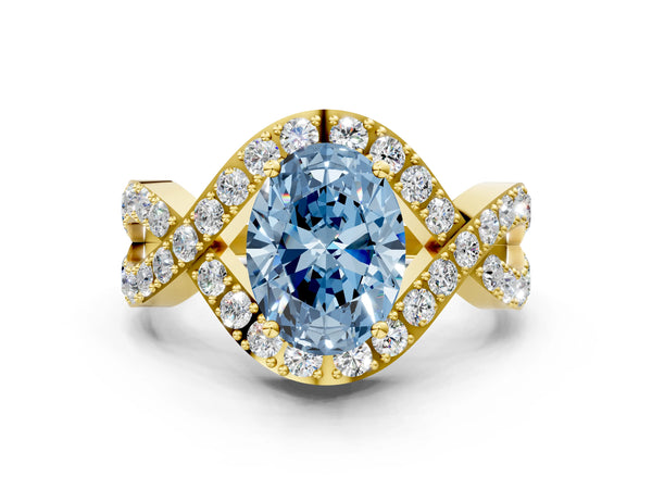 Yellow Gold Oval Infinity Twist Engagement Ring Setting for Fancy Blue Center with Pave Ribbons