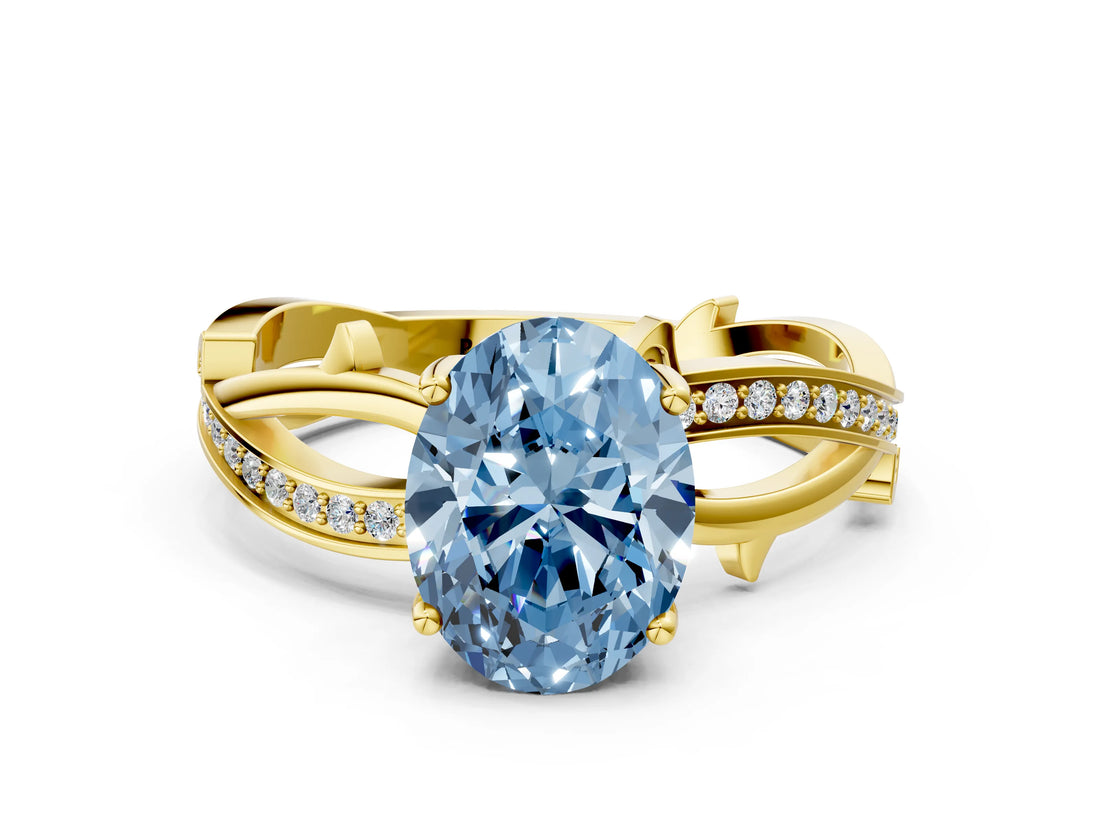 Yellow gold Fancy Blue Oval  Solitaire Twist Band with Pavé Accents and Four-Prong Setting_21