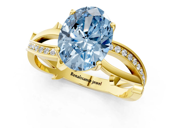 Yellow gold Fancy Blue Oval  Solitaire Twist Band with Pavé Accents and Four-Prong Setting