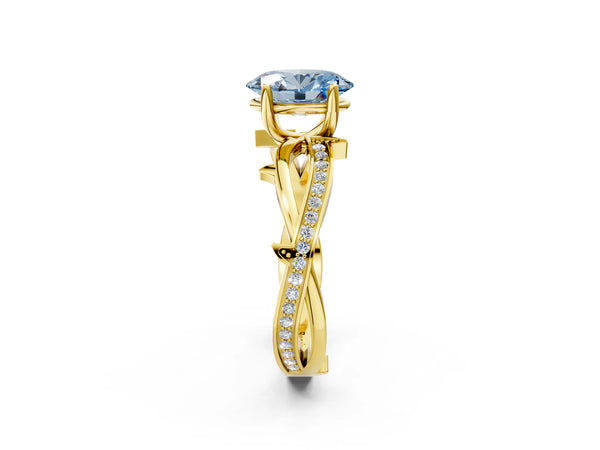 Yellow gold Fancy Blue Oval  Solitaire Twist Band with Pavé Accents and Four-Prong Setting