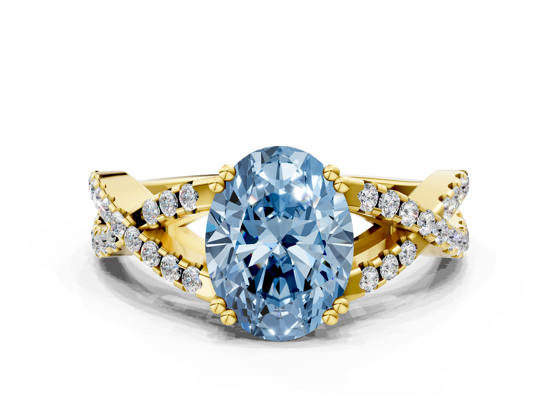 Yellow gold Fancy Blue Oval  Solitaire Twist Band with Pavé Setting and Four-Prong Setting_17
