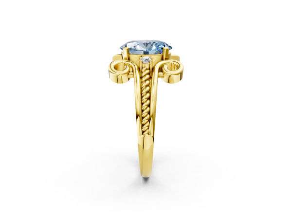 Yellow gold Fancy Blue Oval  Solitaire Twisted Band Scroll Prong Ring