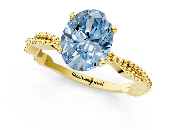 Yellow gold Fancy Blue Oval  Solitaire Twisted Band with Bead Prong Setting