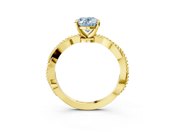Yellow gold Fancy Blue Oval  Solitaire Twisted Band with Bead Prong Setting