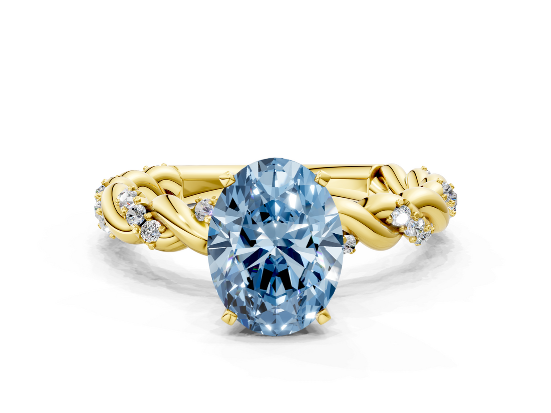 Yellow gold Fancy Blue Oval  Solitaire Twisted Band with Pavé Accents and Four-Prong Setting_3