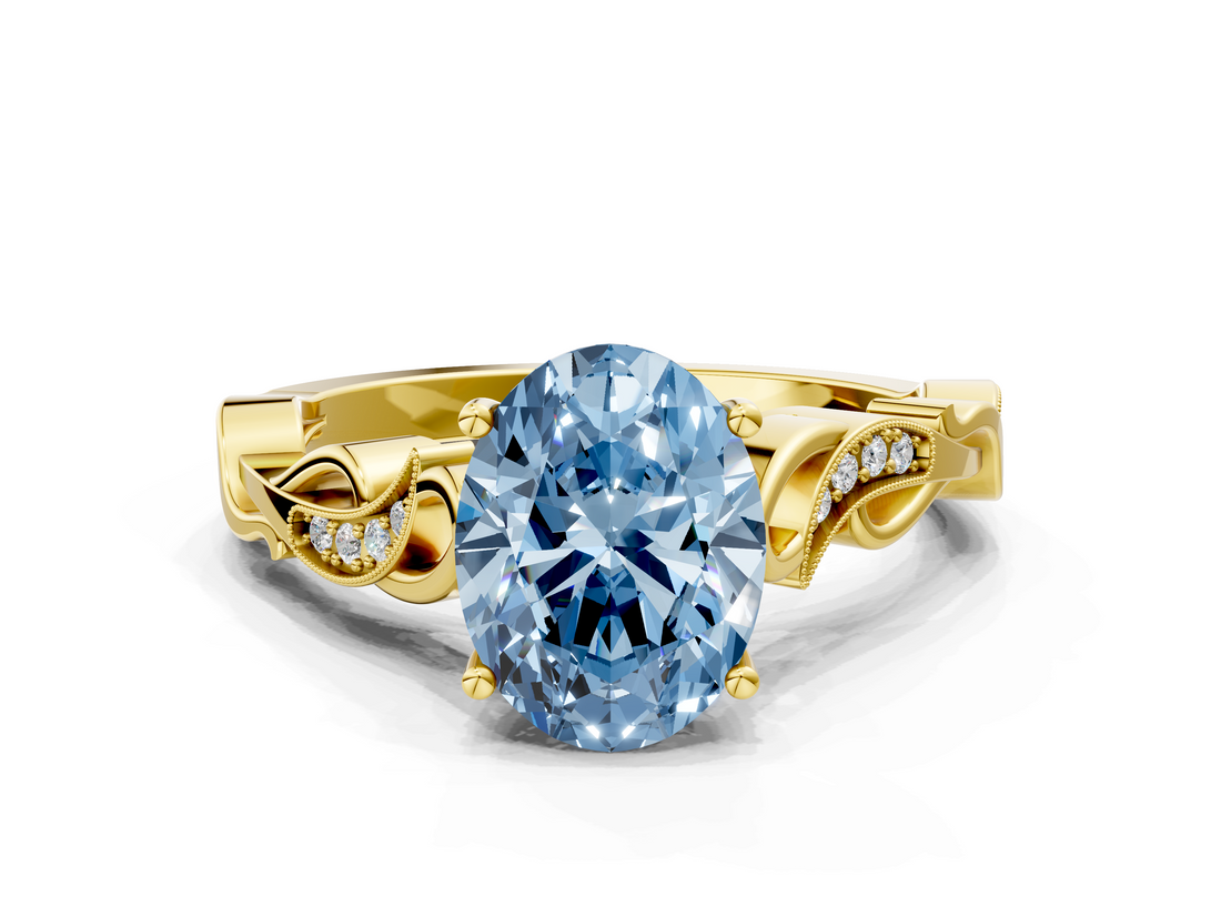 Yellow gold Fancy Blue Oval  Solitaire Vine Band with Milgrain Prong Setting_3