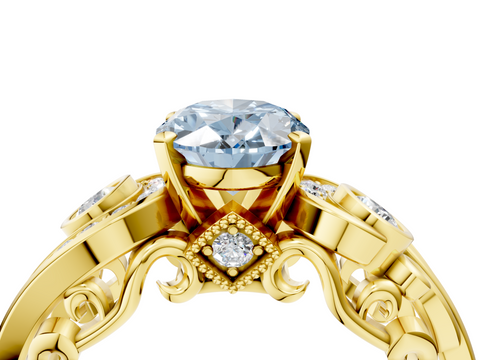 Yellow gold Fancy Blue Oval  Solitaire with Milgrain Pave Band and Four-Prong Setting_142