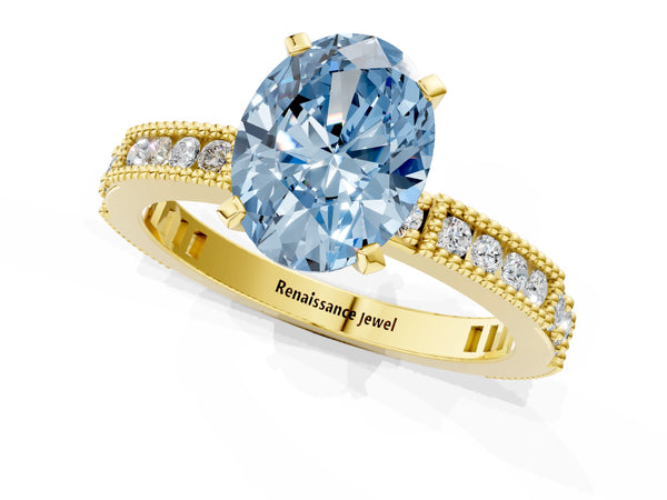 Yellow gold Fancy Blue Oval  Solitaire with Pavé Band and Four-Prong Setting