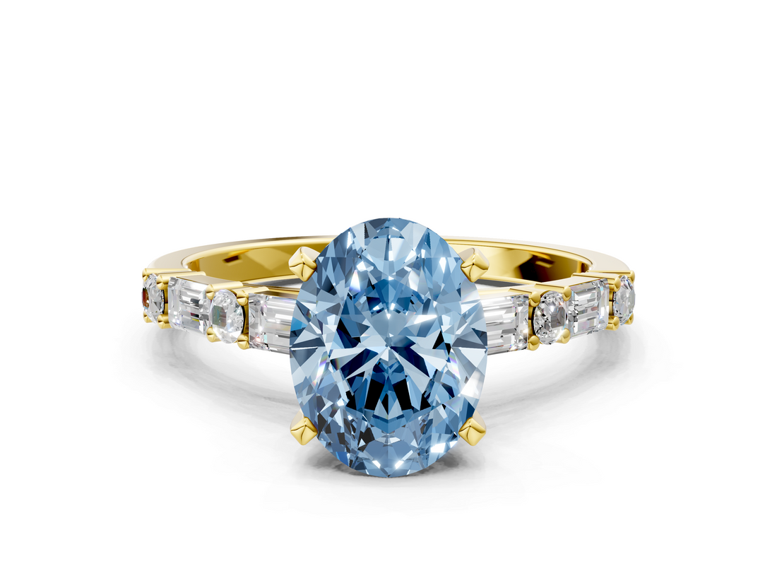 Yellow gold Fancy Blue Oval  Solitaire with Side Baguettes and Channel Set Band_44