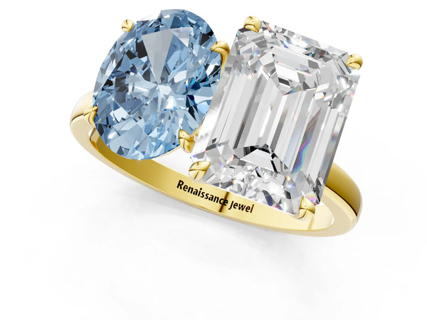 Yellow gold Fancy Blue Oval  and Emerald Cut Toi Moi Ring with Prong Setting