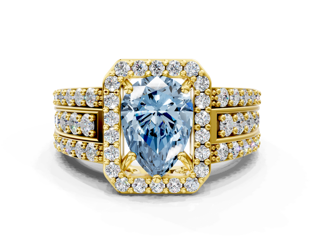 Yellow gold Fancy Blue Pear -Cut Halo Diamond Ring with Split Shank and Four-Prong Setting_87