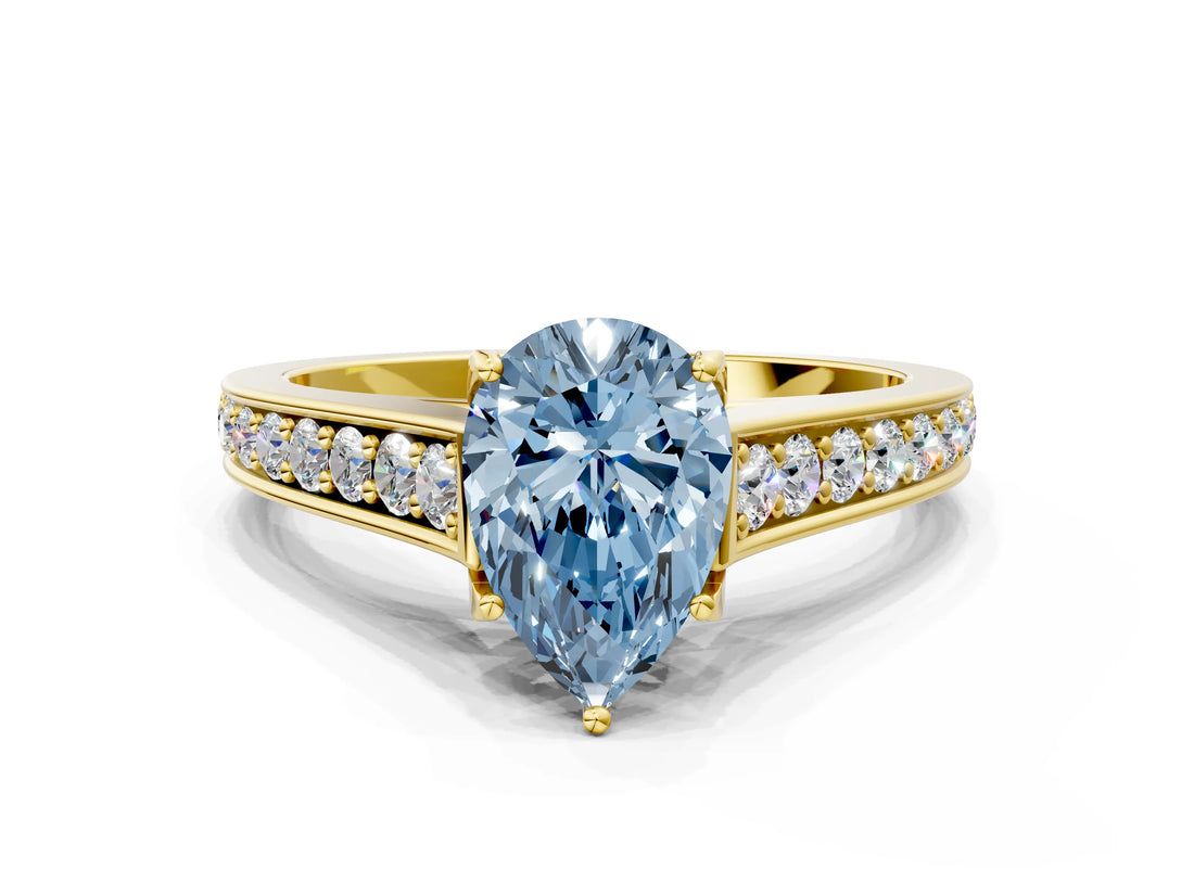 Yellow gold Fancy Blue Pear  Brilliant Cut Diamond Engagement Ring with Pavé Band and Four-Prong Setting_48
