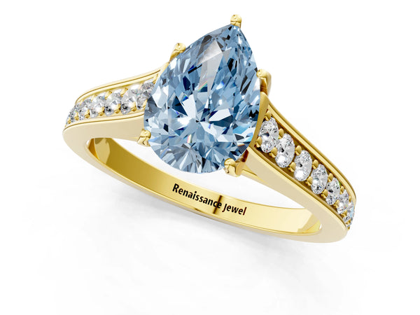 Yellow gold Fancy Blue Pear  Brilliant Cut Diamond Engagement Ring with Pavé Band and Four-Prong Setting