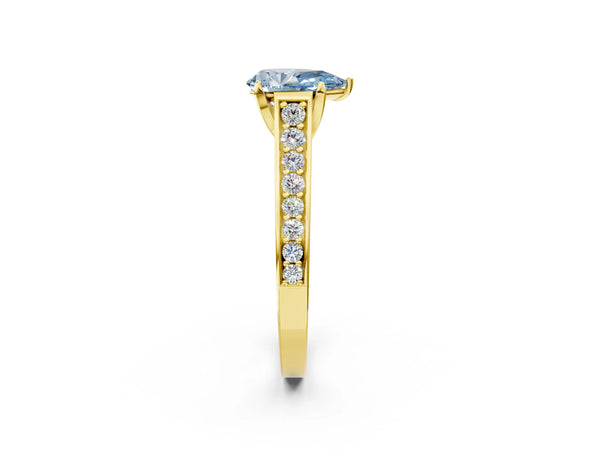 Yellow gold Fancy Blue Pear  Brilliant Cut Diamond Engagement Ring with Pavé Band and Four-Prong Setting