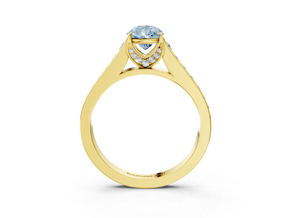 Yellow gold Fancy Blue Pear  Brilliant Cut Diamond Engagement Ring with Pavé Band and Four-Prong Setting