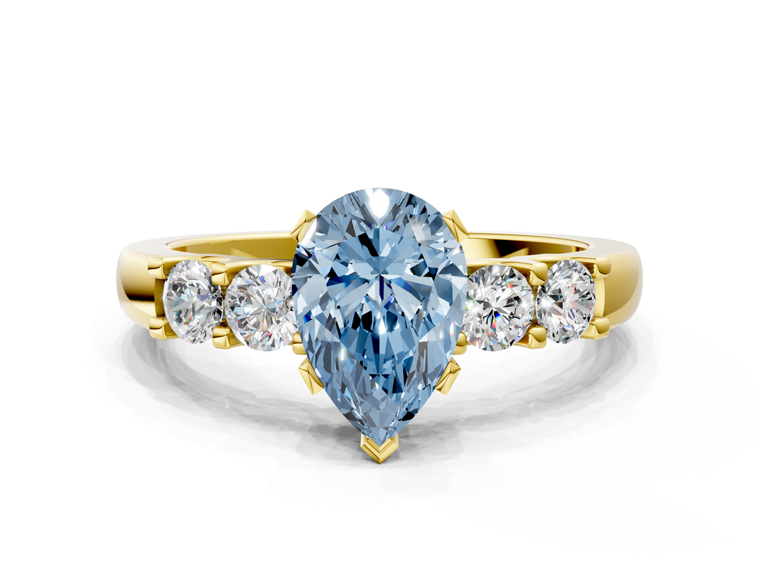 Yellow gold Fancy Blue Pear  Brilliant Cut Diamond Five-Stone Prong Set Engagement Ring with Channel Band_3