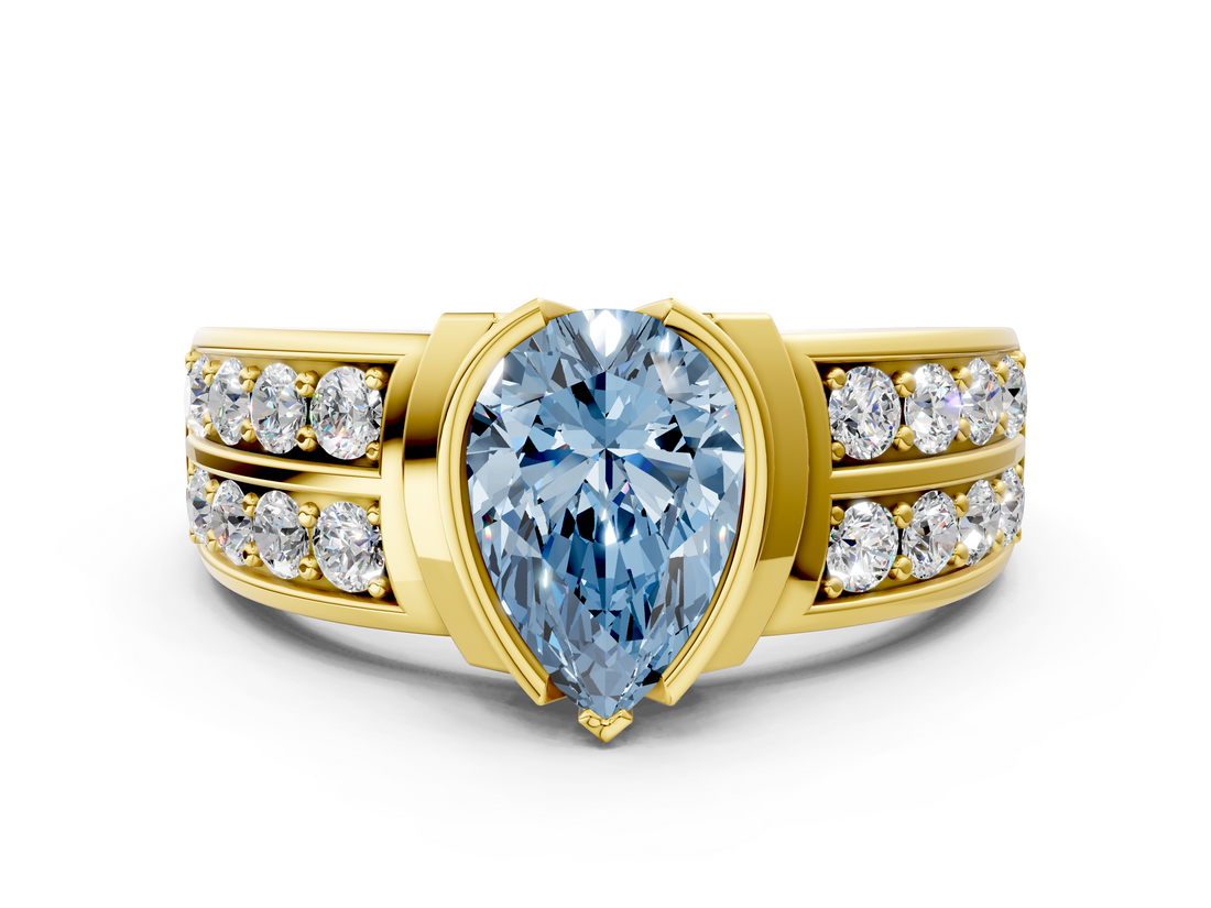 Yellow gold Fancy Blue Pear  Brilliant Diamond Channel Set Wide Band Ring with Bezel Setting_20