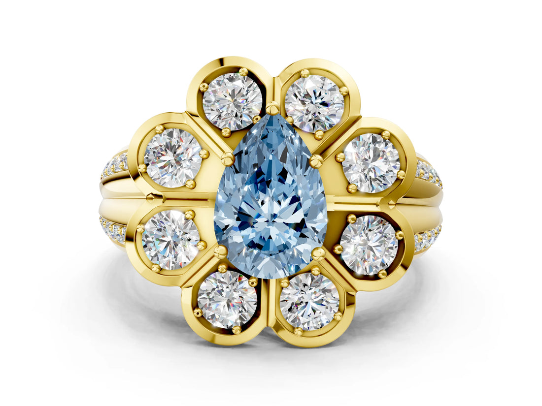 Yellow gold Fancy Blue Pear  Brilliant Flower Halo Diamond Split Shank Ring_21
