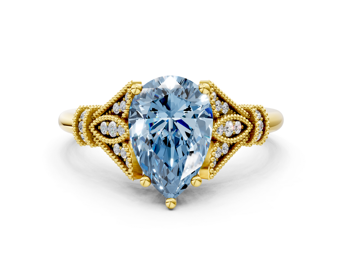 Yellow gold Fancy Blue Pear  Brilliant Solitaire with Pave Band and Four-Prong Setting_20