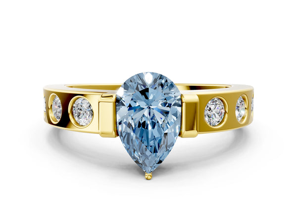 Yellow gold Fancy Blue Pear Cut Brilliant Channel-Set Diamond Ring with Bezel Prong Setting