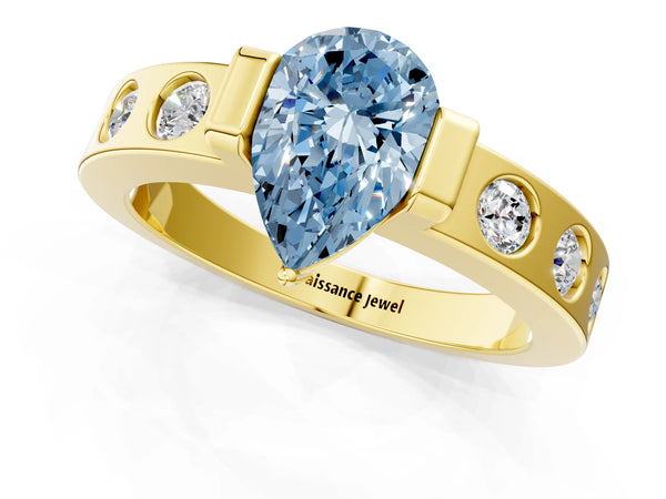 Yellow gold Fancy Blue Pear Cut Brilliant Channel-Set Diamond Ring with Bezel Prong Setting