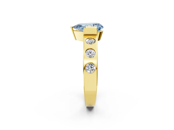 Yellow gold Fancy Blue Pear Cut Brilliant Channel-Set Diamond Ring with Bezel Prong Setting