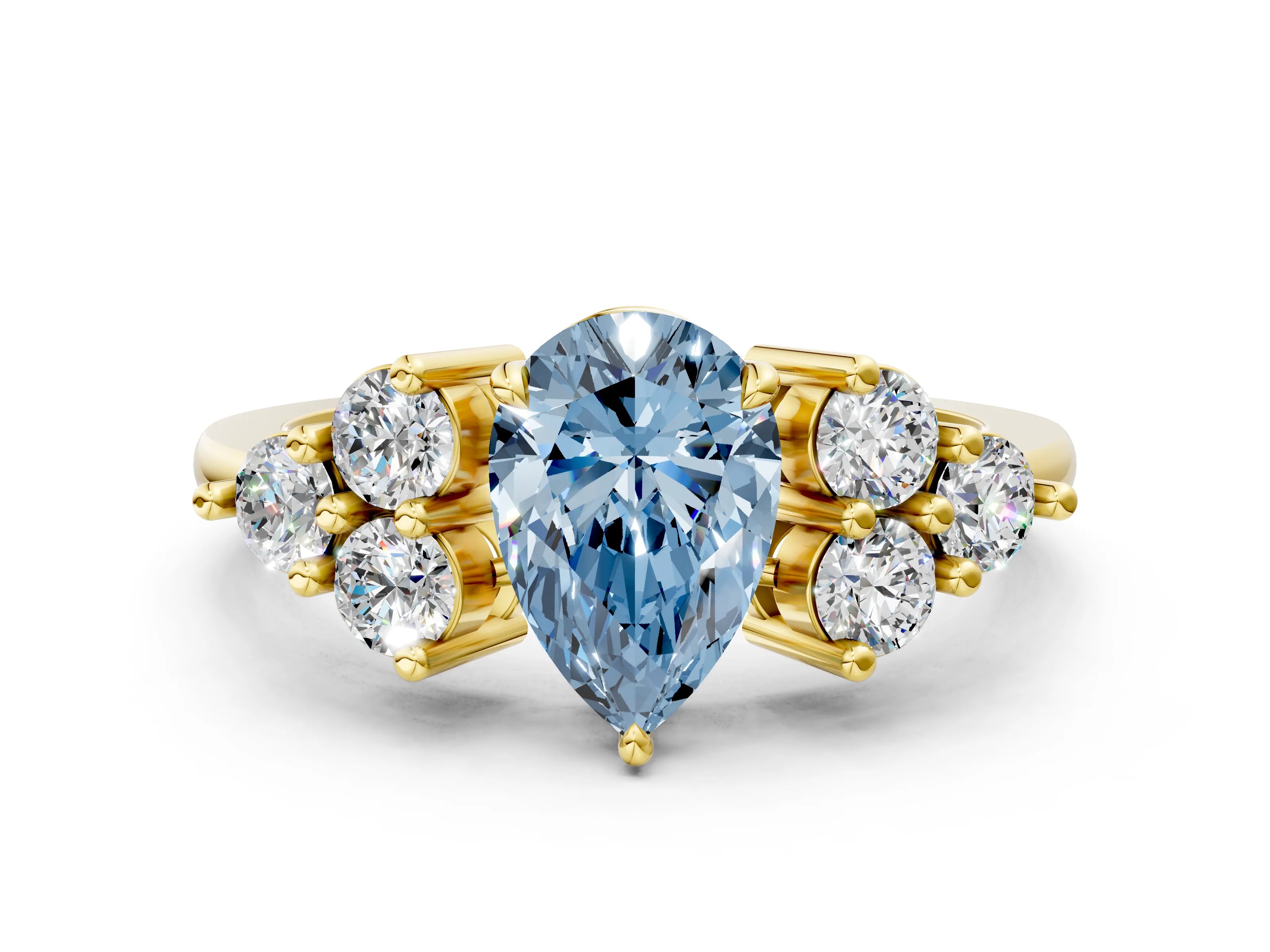 Yellow gold Fancy Blue Pear Cut Brilliant Diamond Cluster Accent Solitaire Ring with Prong Setting