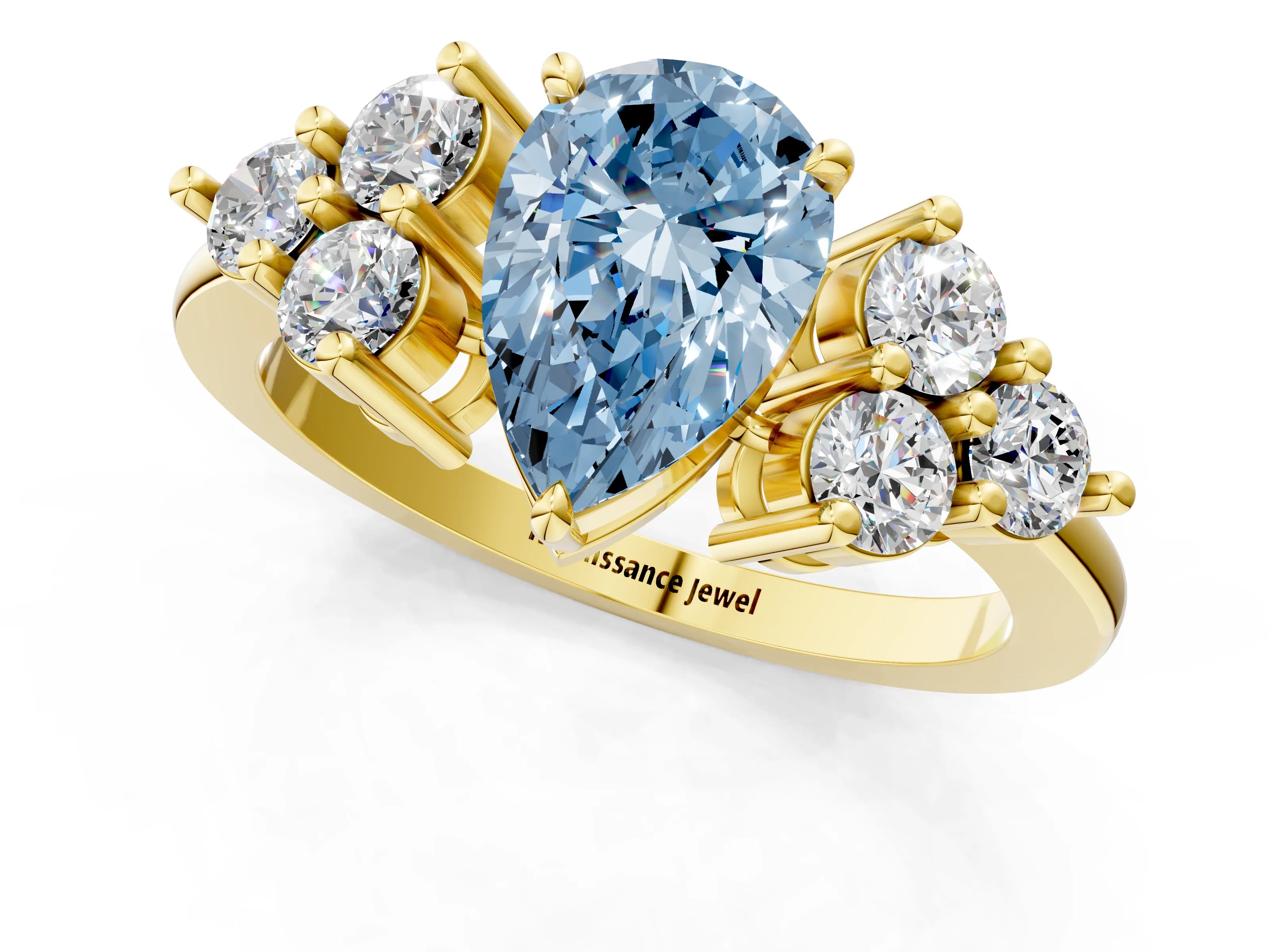 Yellow gold Fancy Blue Pear Cut Brilliant Diamond Cluster Accent Solitaire Ring with Prong Setting_1