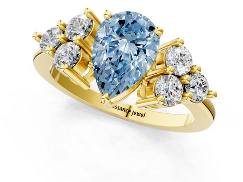 Yellow gold Fancy Blue Pear Cut Brilliant Diamond Cluster Accent Solitaire Ring with Prong Setting_1