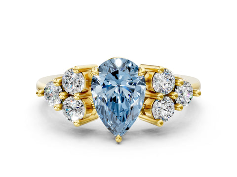 Yellow gold Fancy Blue Pear Cut Brilliant Diamond Cluster Accent Solitaire Ring with Prong Setting
