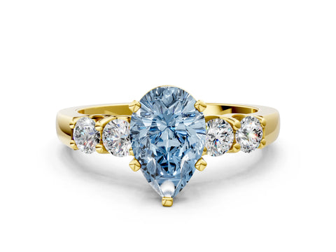 Yellow gold Fancy Blue Pear Cut Brilliant Diamond Five-Stone Engagement Ring with Prong Setting on a Classic Band_3
