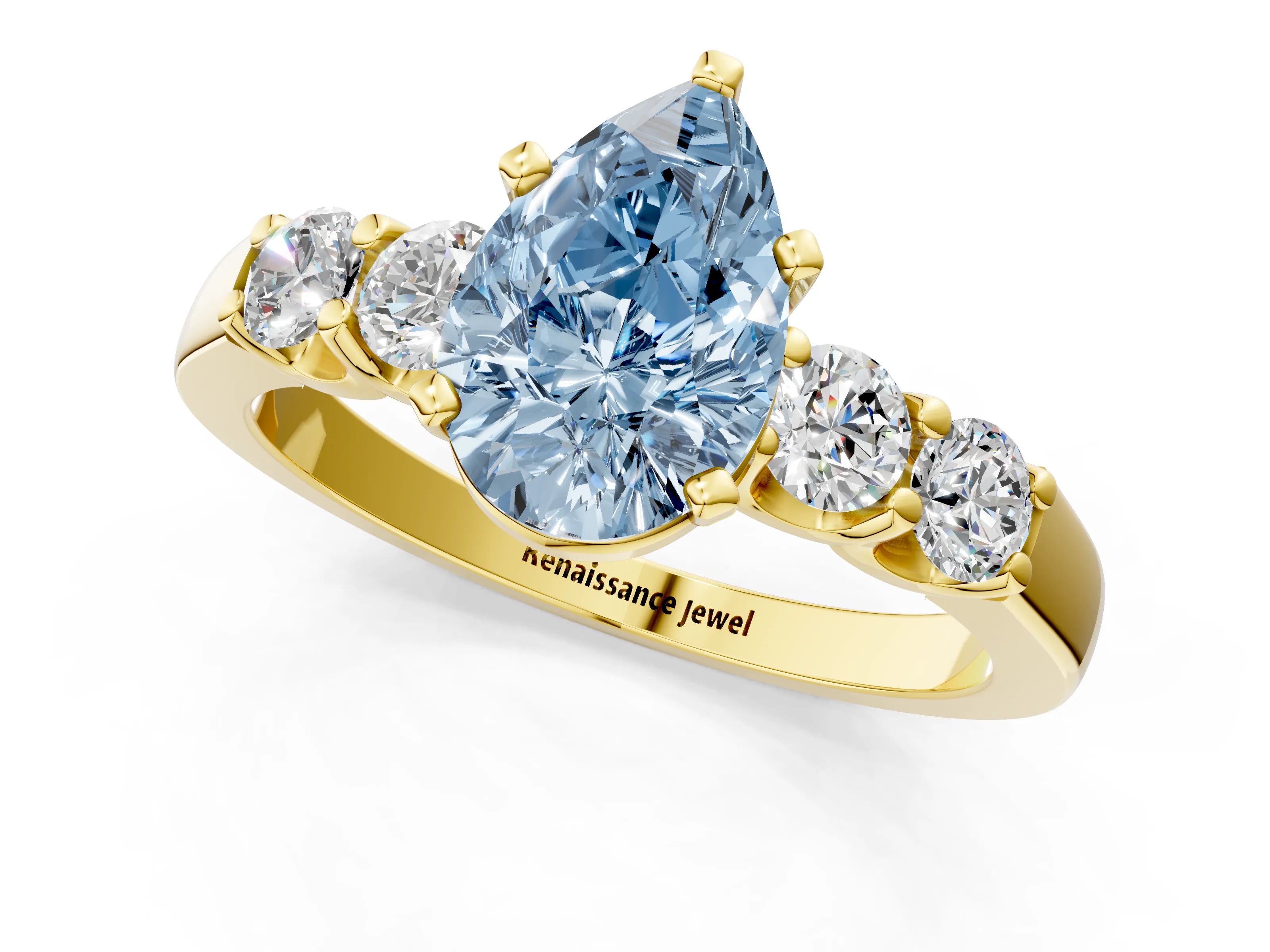Yellow gold Fancy Blue Pear Cut Brilliant Diamond Five-Stone Engagement Ring with Prong Setting on a Classic Band_4