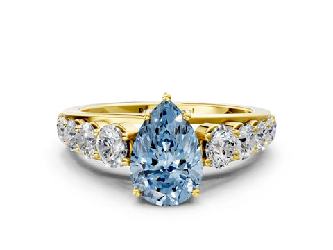 Yellow gold Fancy Blue Pear Cut Brilliant Diamond Pavé Band with Six-Prong Setting