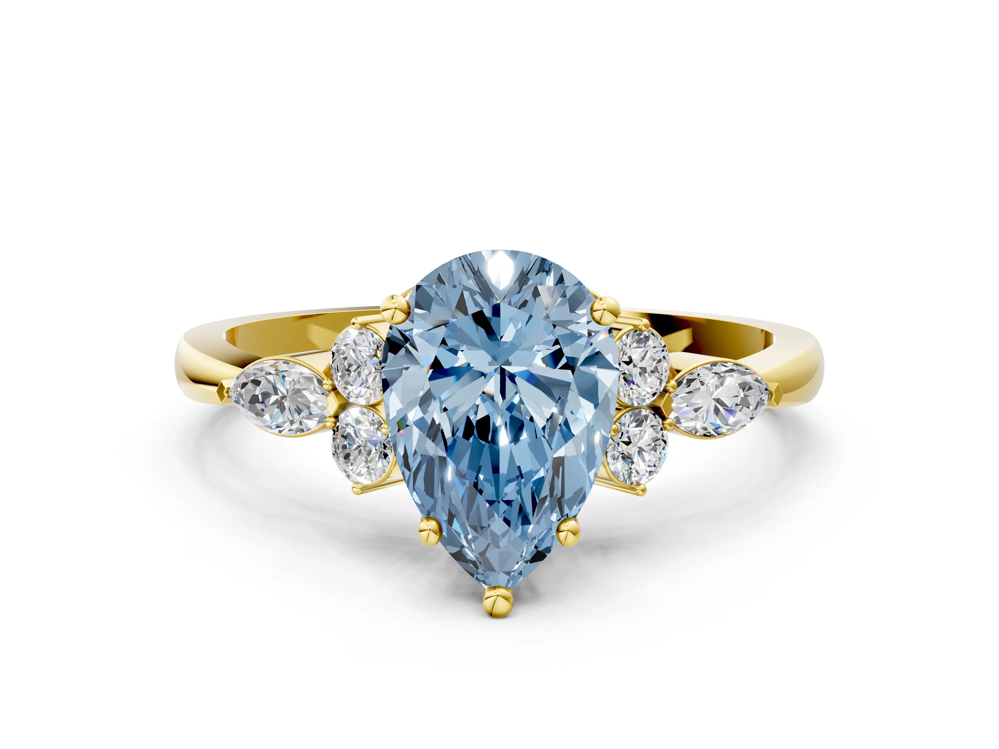 Yellow gold Fancy Blue Pear Cut Brilliant Diamond Solitaire Ring with Pear Side Stones and Four-Prong Setting_3