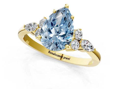 Yellow gold Fancy Blue Pear Cut Brilliant Diamond Solitaire Ring with Pear Side Stones and Four-Prong Setting_4