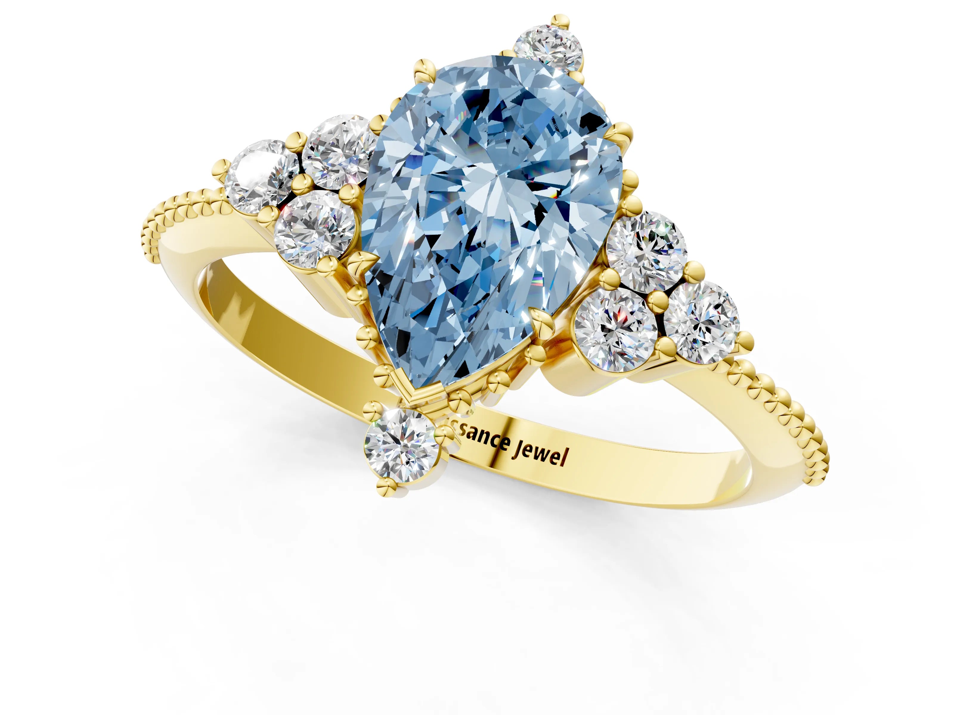 Yellow gold Fancy Blue Pear Cut Brilliant Diamond with Cluster Setting on a Beaded Band and Four-Prong Setting_1