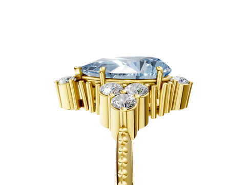 Yellow gold Fancy Blue Pear Cut Brilliant Diamond with Cluster Setting on a Beaded Band and Four-Prong Setting_5