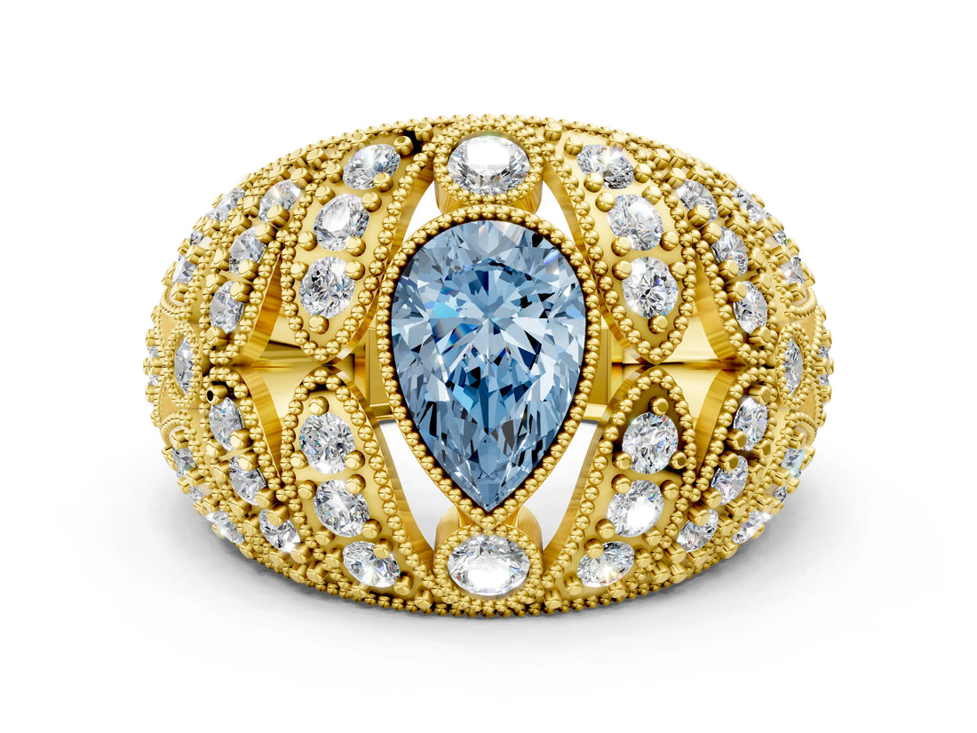 Yellow gold Fancy Blue Pear Cut Brilliant Halo Pave Diamond Milgrain Ring